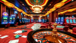 Experience the thrill of 상품권신용카드 transactions at an upscale casino with vibrant slots and tables.