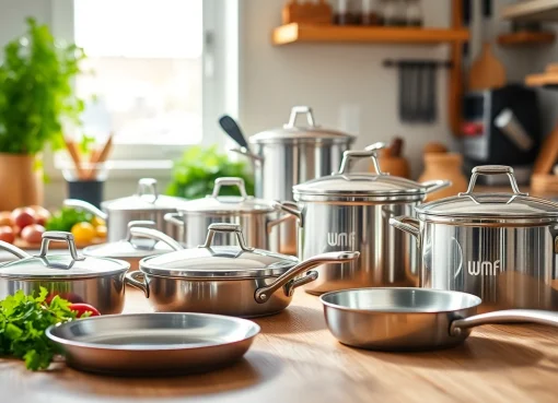 Showcase of high-quality WMF cookware NZ featured on a kitchen countertop with fresh ingredients.