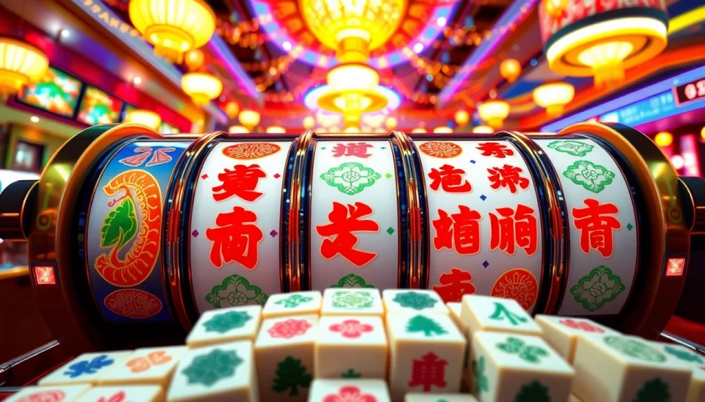 Permainan slot demo mahjong yang menarik dengan simbol tradisional dan latar yang cerah.