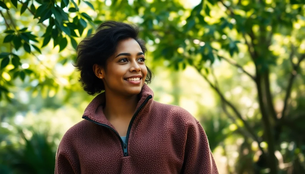 Fleecejas in een natuurlijke omgeving met een model dat warmte en comfort uitstraalt.