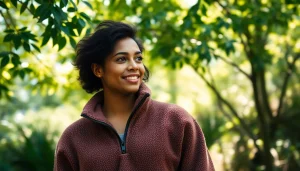 Fleecejas in een natuurlijke omgeving met een model dat warmte en comfort uitstraalt.