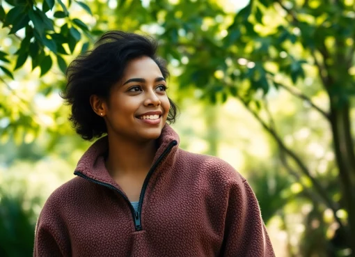 Fleecejas in een natuurlijke omgeving met een model dat warmte en comfort uitstraalt.