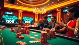 Engaging poker action at the go8 casino with vibrant chips and cards, encapsulating excitement.