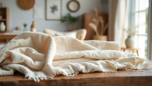 Bekijk de prachtige gordijnstof met verschillende texturen en kleuren op een houten tafel.