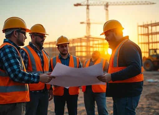 Workers collaborating on a construction site representing the southern california contractors association with professionalism and teamwork.