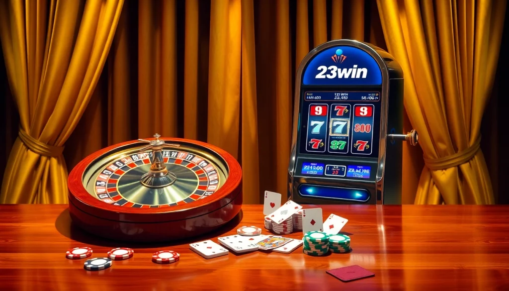 Dynamic casino scene showcasing roulette and slot machines at 23win online.