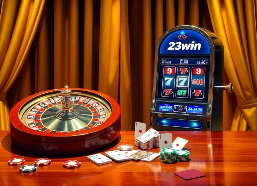 Dynamic casino scene showcasing roulette and slot machines at 23win online.