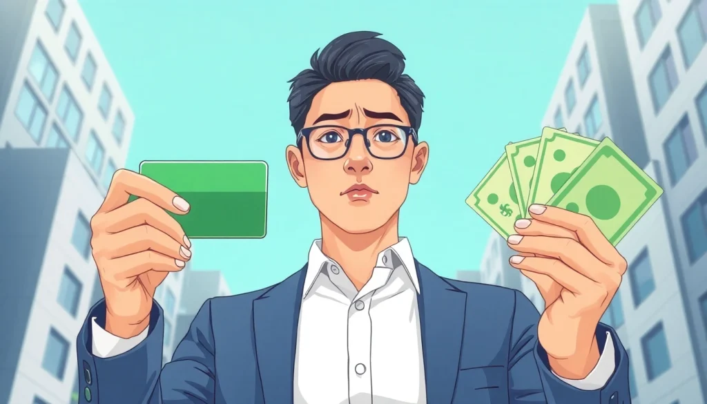 카드깡을 설명하는 장면에서 신용카드를 든 사람과 현금을 보여줍니다.