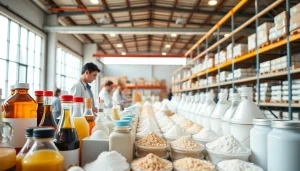 Showcasing a sweetener supplier's diverse products in a modern warehouse environment.