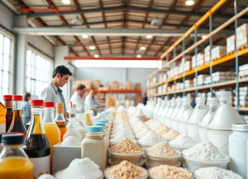 Showcasing a sweetener supplier's diverse products in a modern warehouse environment.