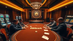 Players strategizing at a poker table showcasing F8bet's luxurious casino experience with vibrant gaming elements.