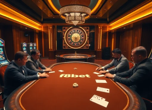 Players strategizing at a poker table showcasing F8bet's luxurious casino experience with vibrant gaming elements.