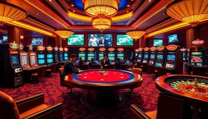 Experience thrilling gameplay at 12bet's luxurious online casino with poker tables and vibrant slot machines.