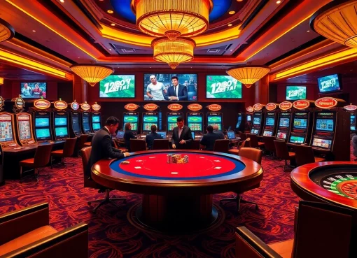Experience thrilling gameplay at 12bet's luxurious online casino with poker tables and vibrant slot machines.