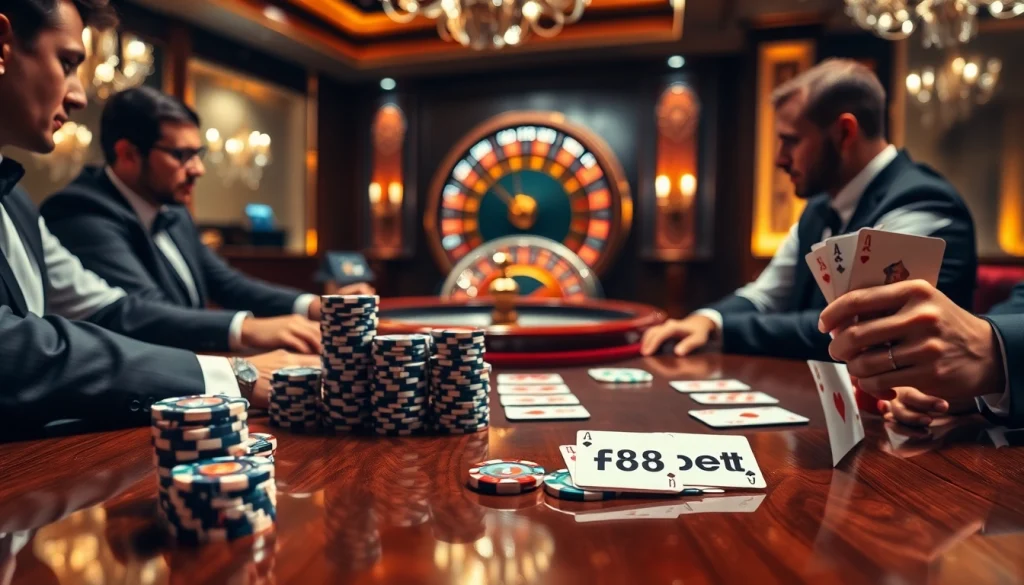 Players enjoying an intense poker game at an elegant F8bet casino table with chips and cards.