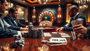 Players enjoying an intense poker game at an elegant F8bet casino table with chips and cards.