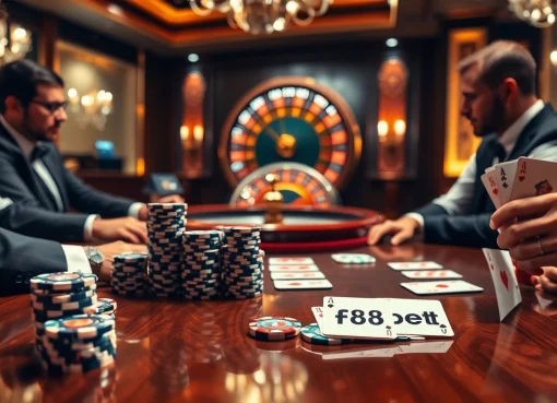Players enjoying an intense poker game at an elegant F8bet casino table with chips and cards.