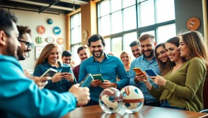 Engaging scene of bettors using sports betting apps Alabama in a modern, vibrant environment.