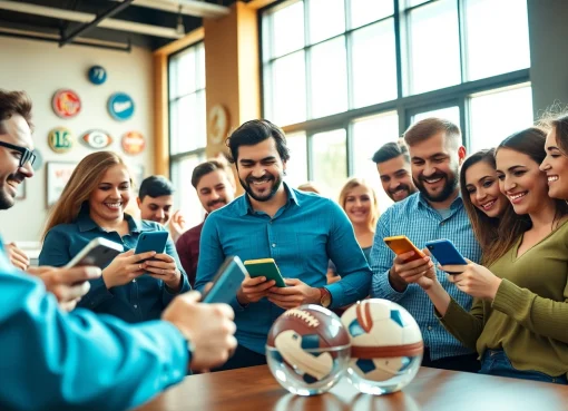 Engaging scene of bettors using sports betting apps Alabama in a modern, vibrant environment.