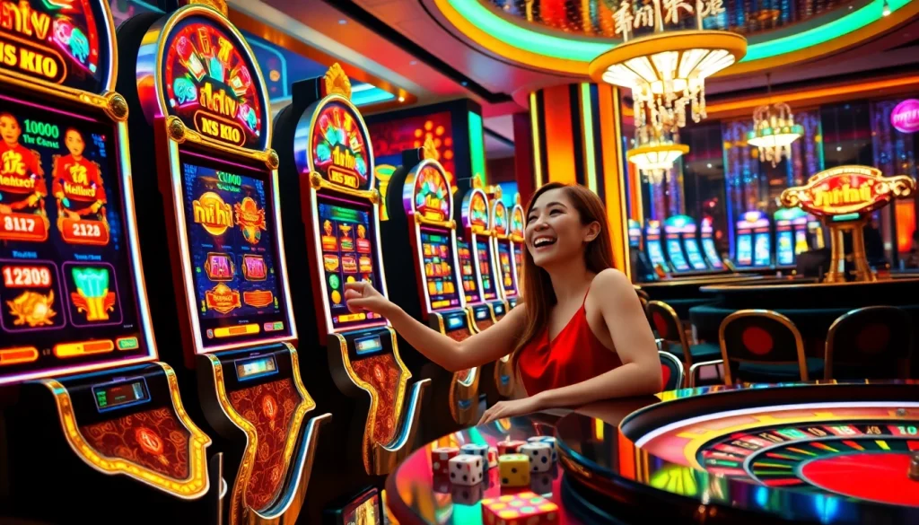 Winning at nổ hũ jackpot slot machines in a glamorous casino setting filled with excitement.