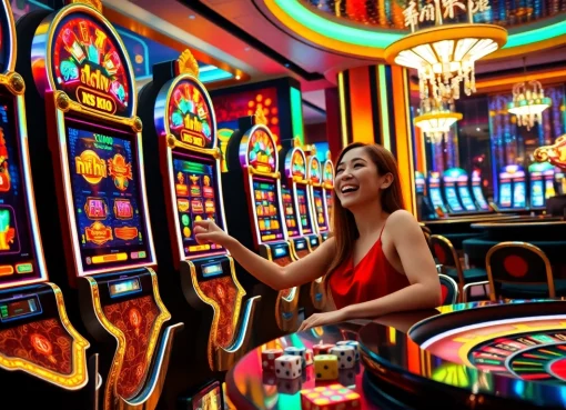 Winning at nổ hũ jackpot slot machines in a glamorous casino setting filled with excitement.