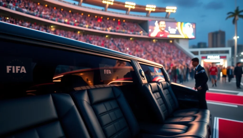 World Cup Group Transportation in a luxury limousine outside a vibrant Los Angeles stadium.