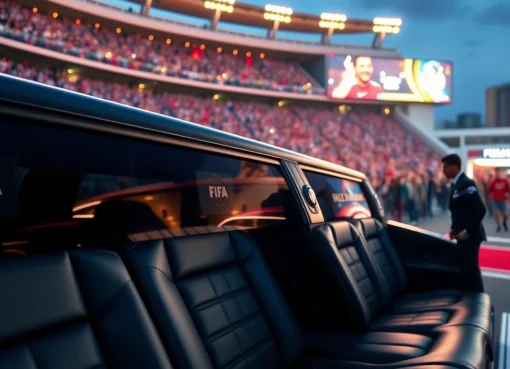 World Cup Group Transportation in a luxury limousine outside a vibrant Los Angeles stadium.