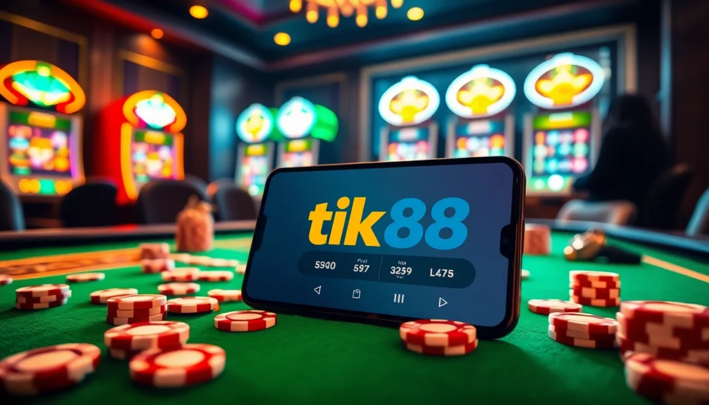 Trải nghiệm sự hứng khởi của tik88 với một chiếc điện thoại thông minh hiển thị các trò chơi casino, các chip và những máy slot sống động.
