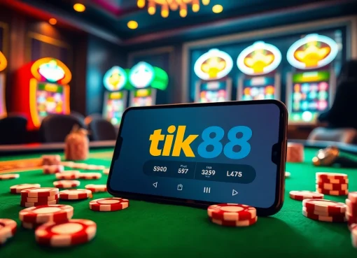 Trải nghiệm sự hứng khởi của tik88 với một chiếc điện thoại thông minh hiển thị các trò chơi casino, các chip và những máy slot sống động.