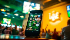 Explore sports betting apps South Carolina showcased on a smartphone in a vibrant sports bar setting.