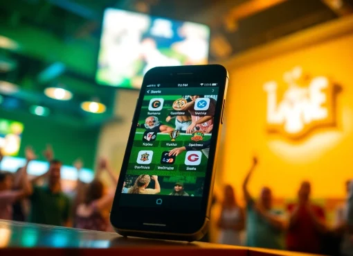 Explore sports betting apps South Carolina showcased on a smartphone in a vibrant sports bar setting.