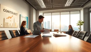 Reviewing Contract Management documents in a professional office setting with team collaboration.