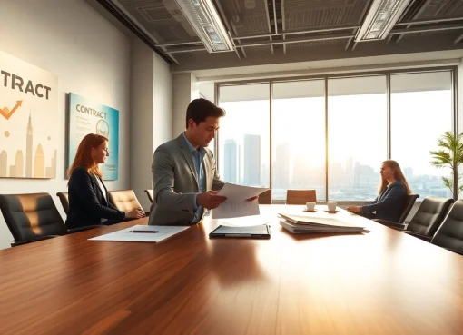 Reviewing Contract Management documents in a professional office setting with team collaboration.