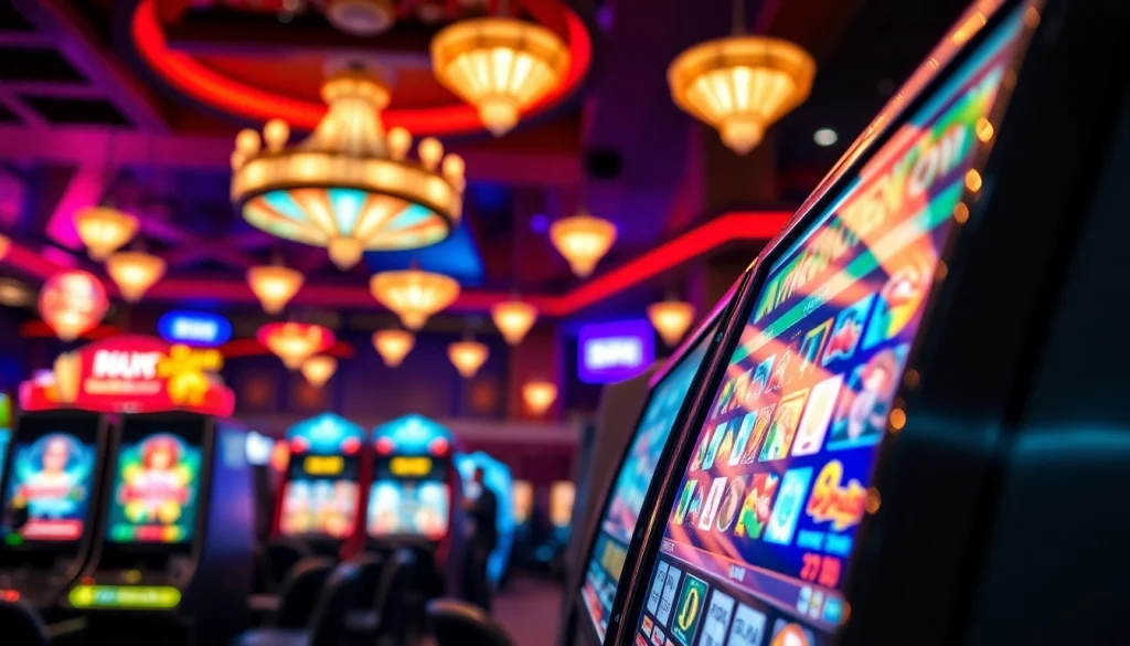 Taruhan menarik walettoto di mesin slot berwarna-warni dalam suasana kasino.