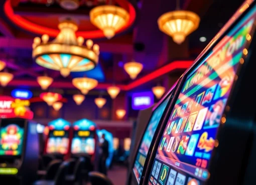 Taruhan menarik walettoto di mesin slot berwarna-warni dalam suasana kasino.