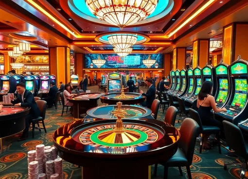 A vibrant casino scene illustrating the excitement of nhà cái 89bet with dynamic gaming tables and players.