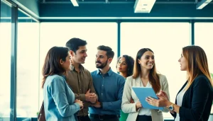 Engaging scene of professionals discussing job help strategies in a bright office.