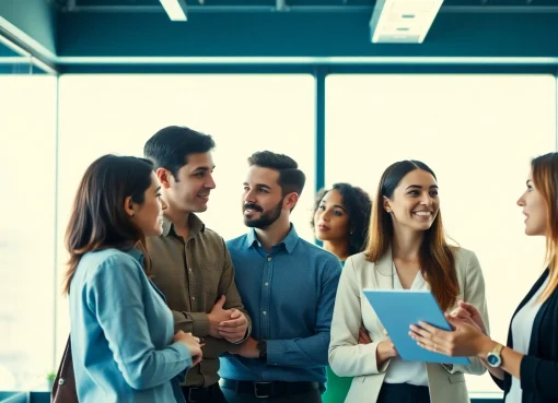 Engaging scene of professionals discussing job help strategies in a bright office.