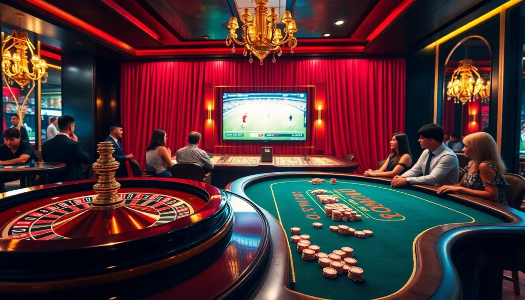 Enjoying trực tiếp bóng đá at a luxury casino with poker and roulette tables in vibrant ambiance.