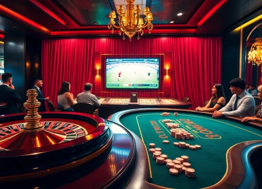 Enjoying trực tiếp bóng đá at a luxury casino with poker and roulette tables in vibrant ambiance.
