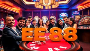 EE88 gaming experience with enthusiastic players at a colorful poker table.