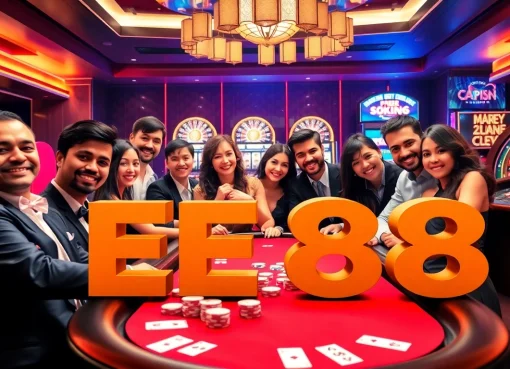 EE88 gaming experience with enthusiastic players at a colorful poker table.