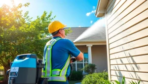 Technician performing soft wash on a home exterior in Kissimmee, showcasing eco-friendly pressure washing.