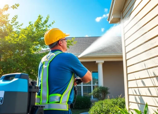 Technician performing soft wash on a home exterior in Kissimmee, showcasing eco-friendly pressure washing.