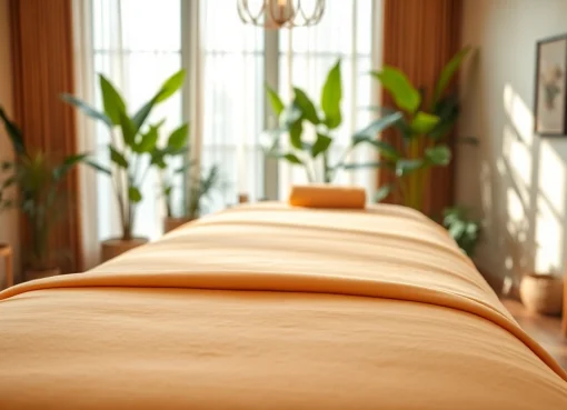 편안한 1인샵 마사지 스튜디오에서 마사지 테이블과 녹색 식물이 있는 내부 공간