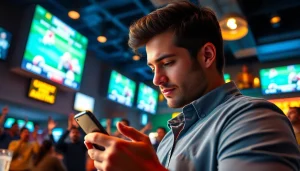 Engaging user with sports betting apps California in a vibrant sports bar environment.