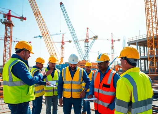 Workers engaged in Austin construction activities on a vibrant site with machinery and cranes.