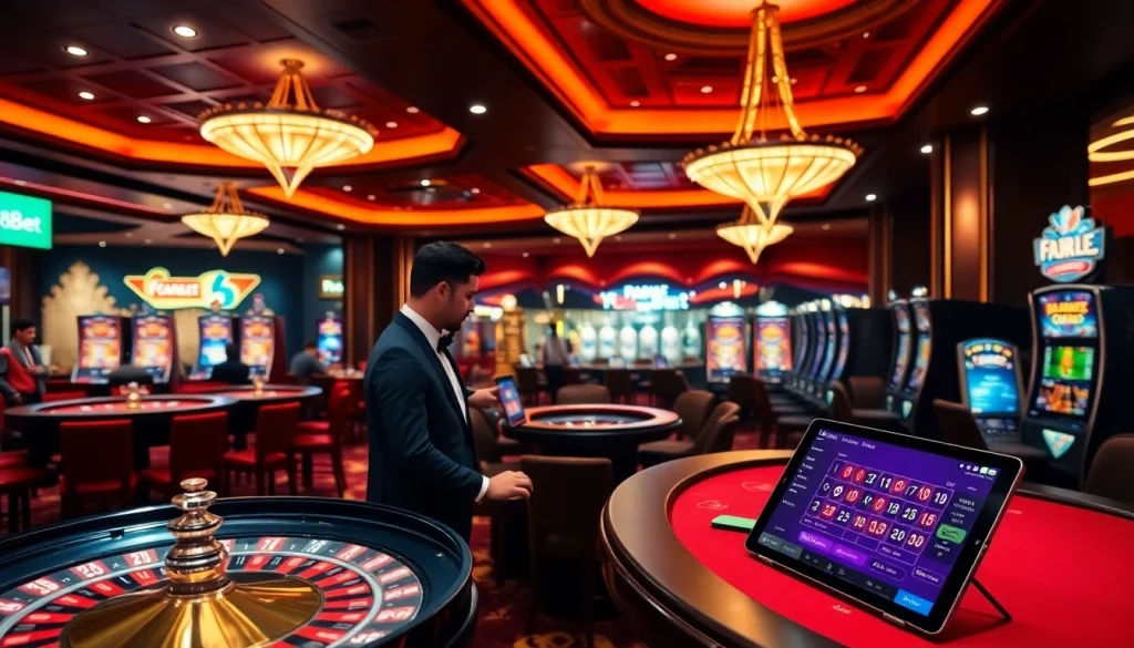 Experience the thrill of F8Bet at a luxurious casino with vibrant slot machines and engaging dealers.