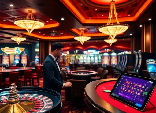 Experience the thrill of F8Bet at a luxurious casino with vibrant slot machines and engaging dealers.