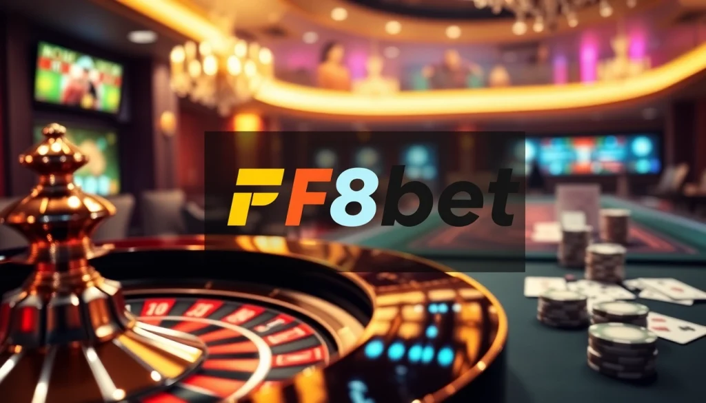F8bet roulette wheel and poker setup creates an exciting casino atmosphere for gamblers.